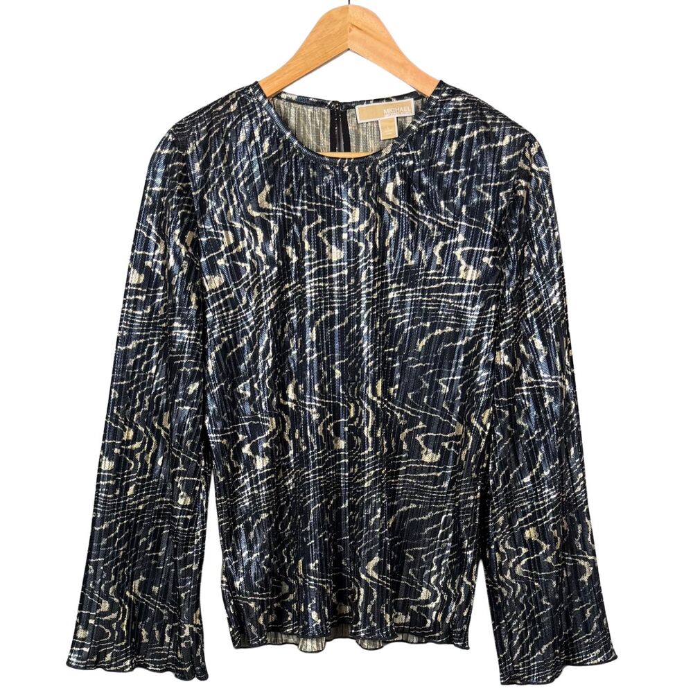 Michael Kors Blouse Women's Pleated Foil Crewneck Bell Sleeve Large Black/Gold